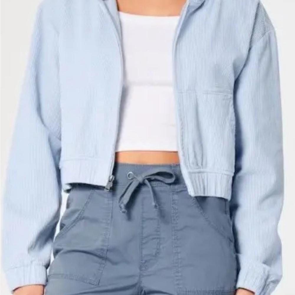 Hollister Light Blue Courderoy Crop Zip Up Hoodie Jacket Size XS